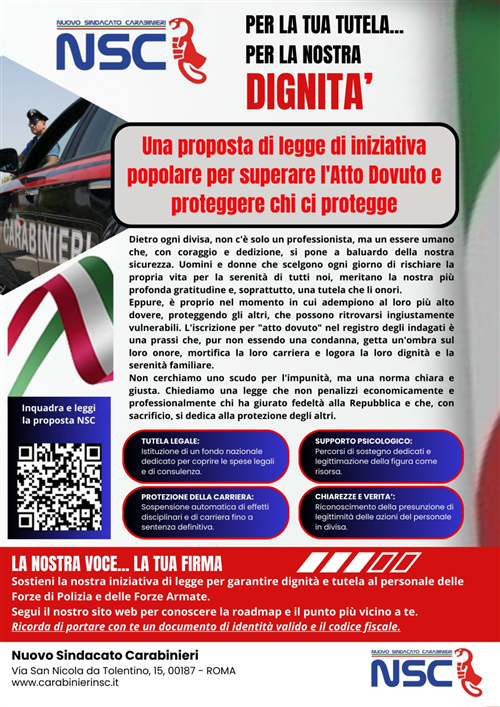 Proposta di Legge di Iniziativa Popolare “Disposizioni per il superamento dell'Atto Dovuto e per la tutela del personale delle Forze di Polizia e delle Forze Armate nell'esercizio delle proprie funzioni”